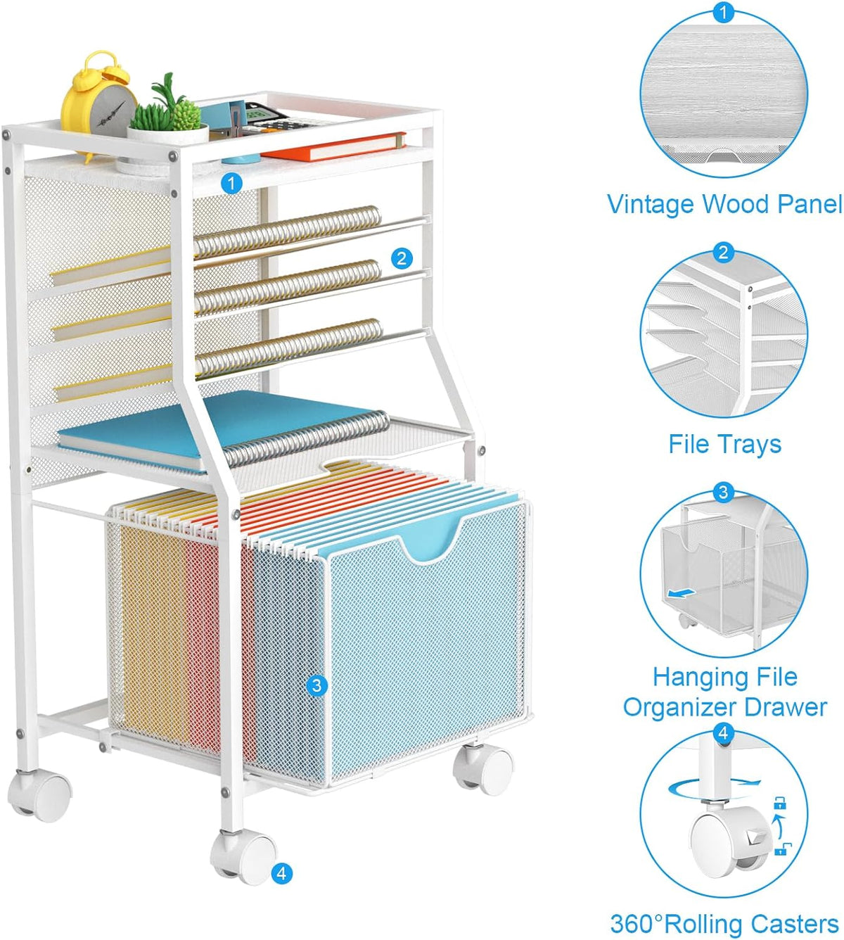 BOHDK Rolling File Cart, 6-Tier Desk File Organizer on Lockable Wheels, White...