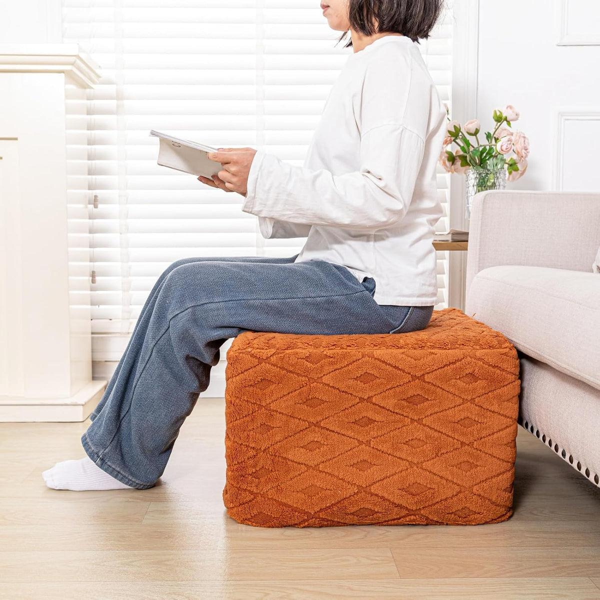 Square Ottoman Pouf,Couch FootRest,Footstool,Orange, 20x20x14 in