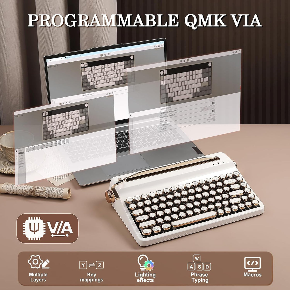 YUNZII QL75 Retro Typewriter Hot Swap RGB Keyboard (White, Onyx Switch)