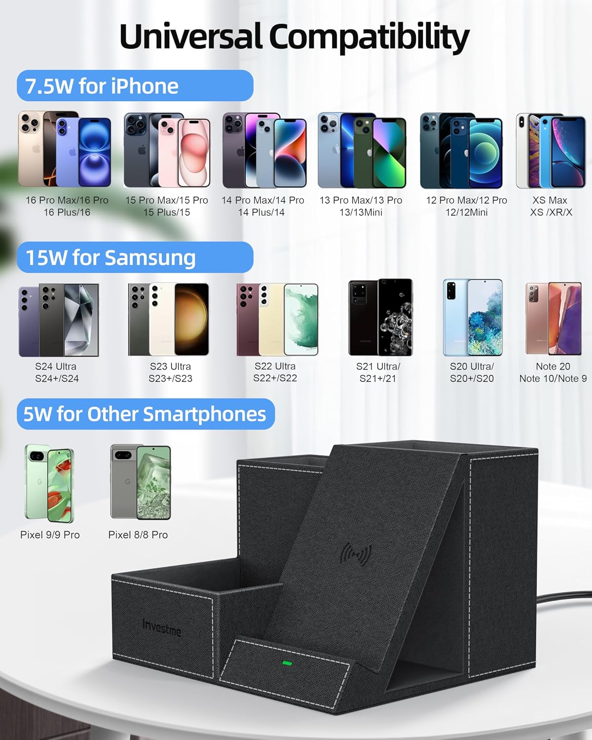 Wireless Charger with Desk Organizer, 3 Compartments and 1 Phone Stand