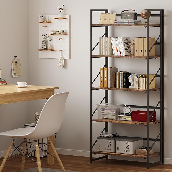 JSB No Assembly Folding Bookshelf, 5 Tier Industrial Metal Book Shelf - Image 4
