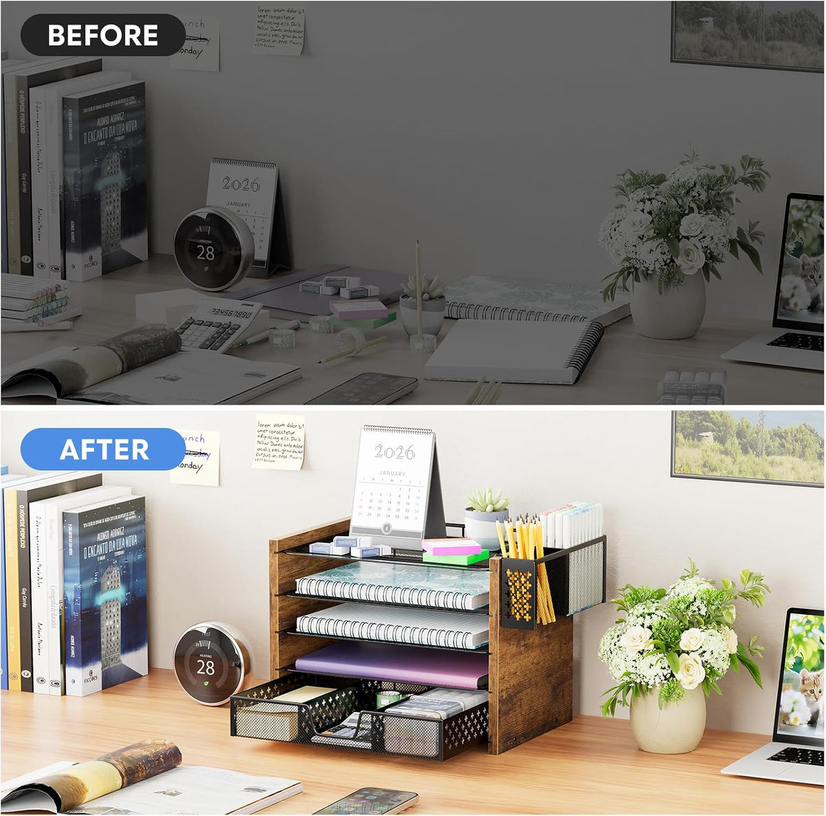 simple trending wood desk organizer, 5-tier file organizer showing dimensions