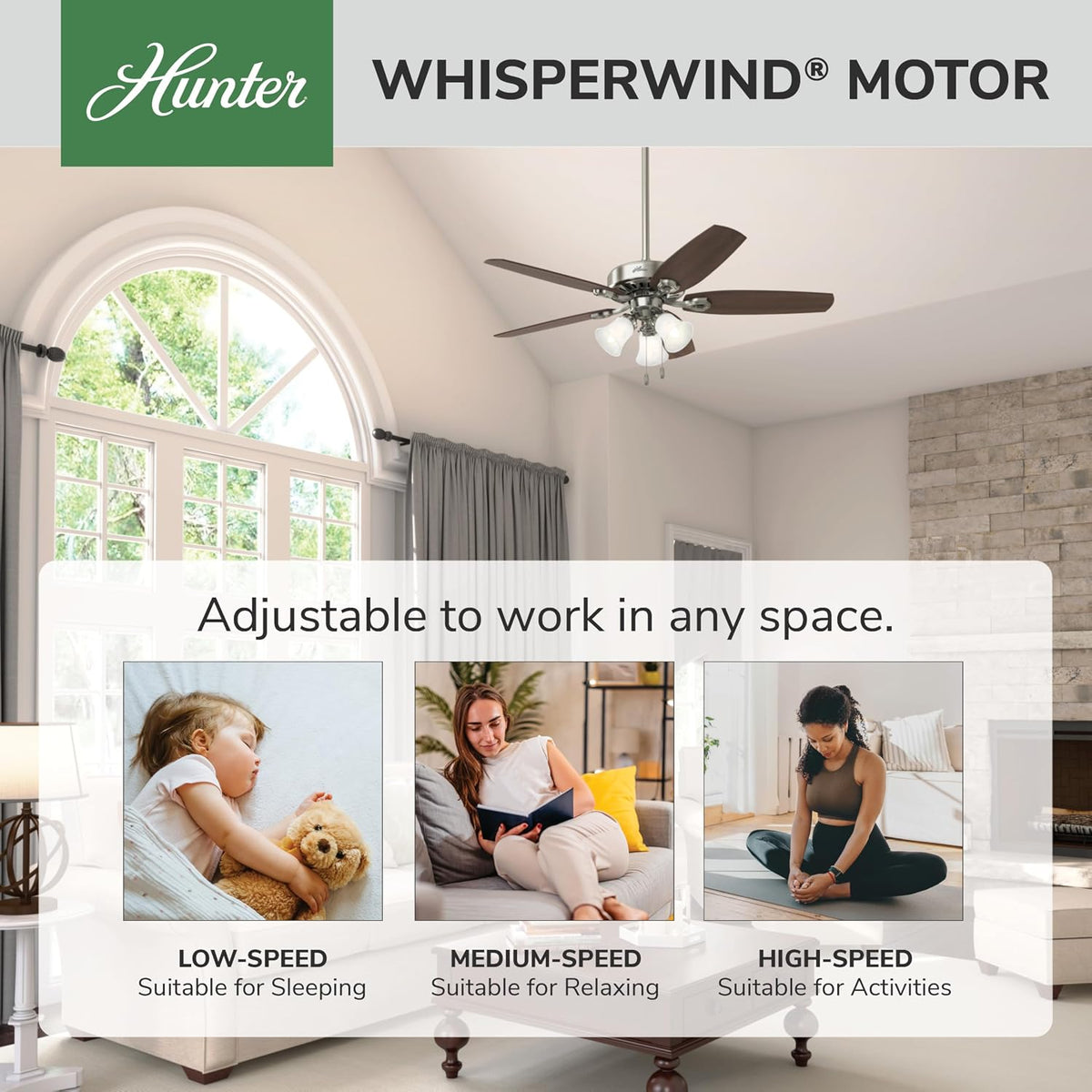 hunter builder plus, indoor, ceiling fan, 5 blades shown in use