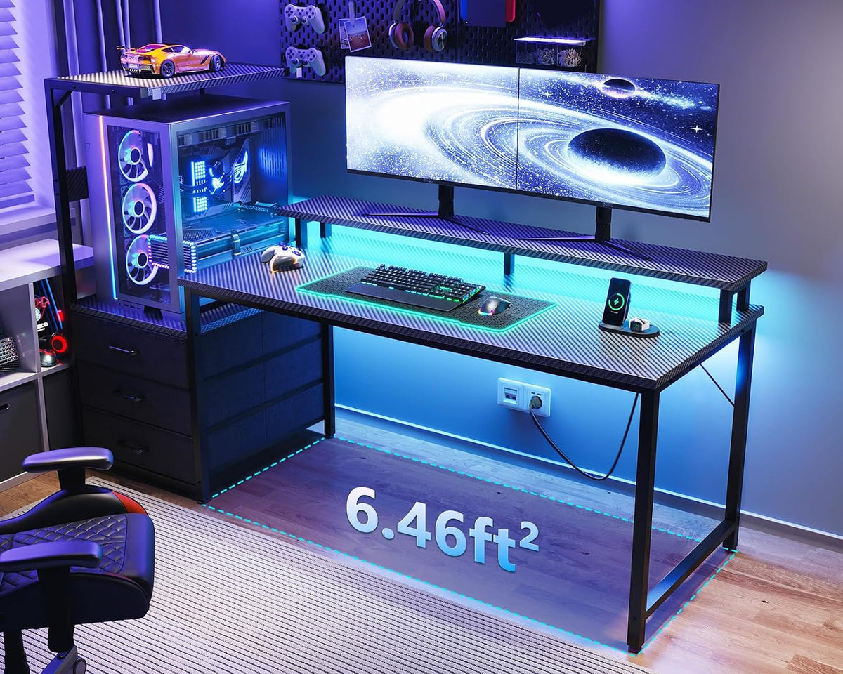 Gaming Desk with PC Display Stand, Reversible for Gaming Setup, 63 inch