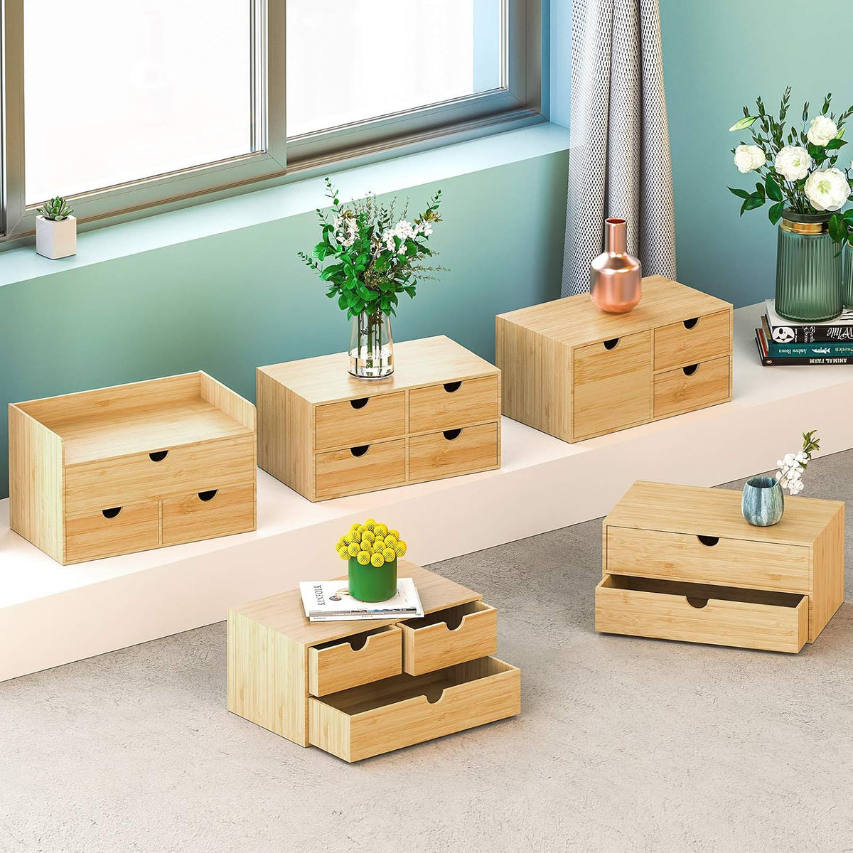 Bamboo Desk Organizer with Drawers, 3-Drawer Desktop Storage Box