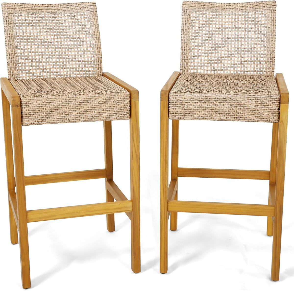 HAPPYGRILL Wicker Bar Stools Set of 2, Patio Chairs with Solid Wood Frame, Er...