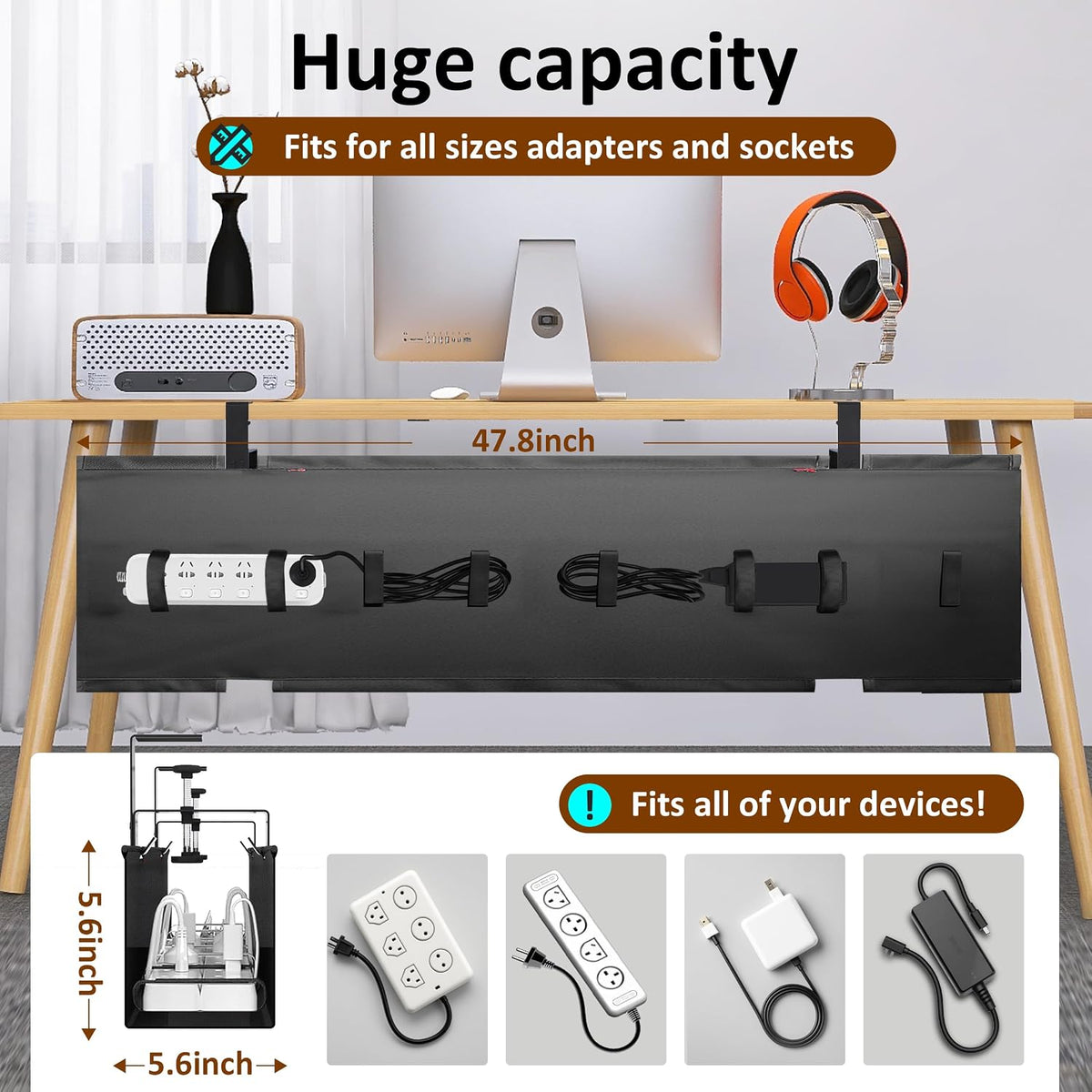 48" Gaming Under Desk Cable Management Tray, Black No Drill Cord Organiz...
