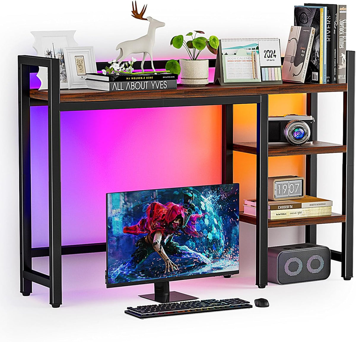Desk Hutch with Colorful RGB Lights, 4 Tier Desk Top Shelf for Max 28" C...