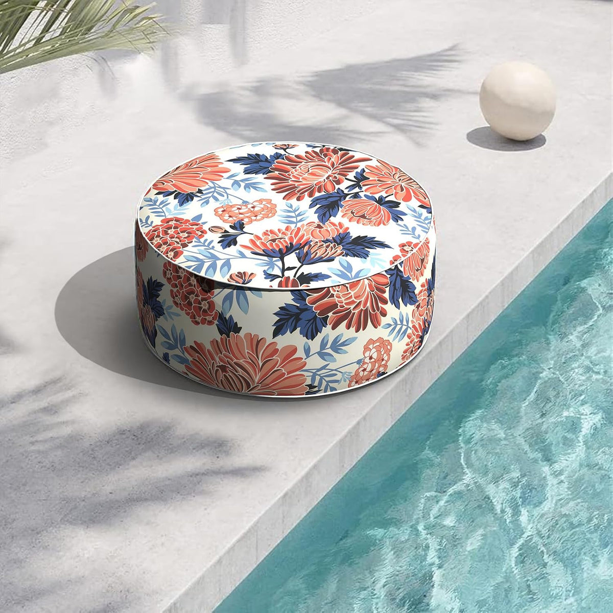 Indoor/Outdoor Inflatable Ottoman with Handle, Decorative Fade-Resistant Roun...