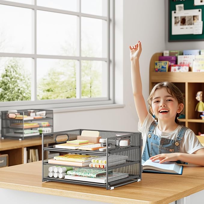 Subekyu 2-Pack 3-Tier Gray Metal Mesh Desk Paper Letter Tray & File Sorter - Image 5