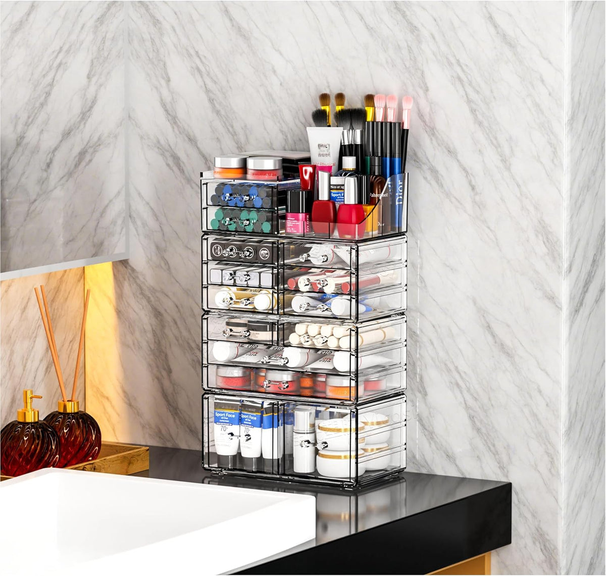 Cq acrylic Make Up Organizers for Vanity With 14 Drawers, 4 Pack Clear Drawer...