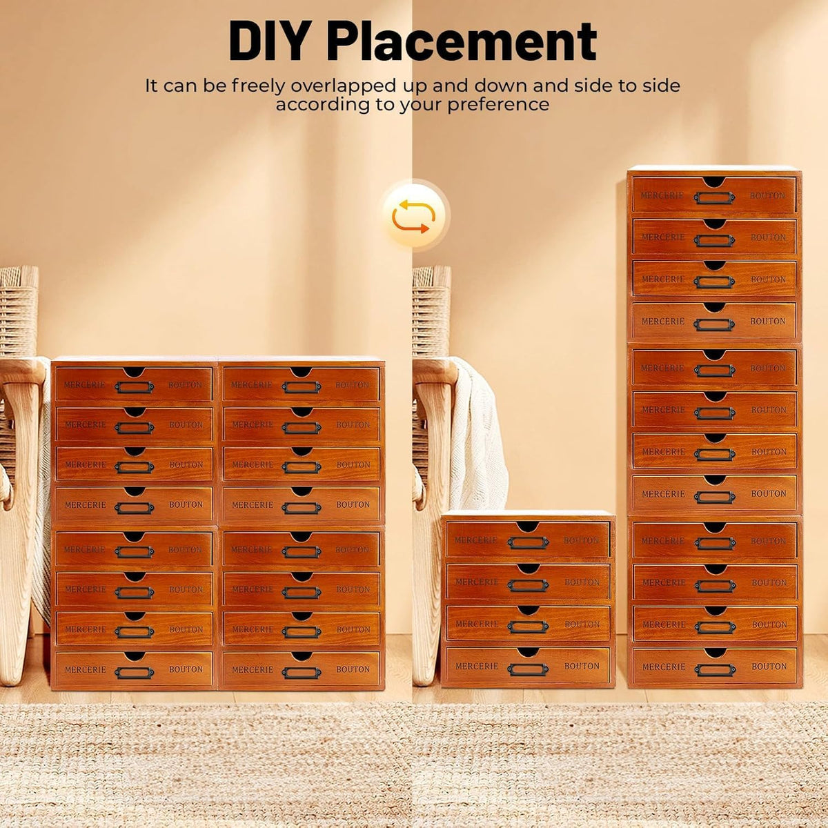Vintage Wooden Drawer Organizer with 16 Drawers, 4-Tier Stackable Desktop Sto...