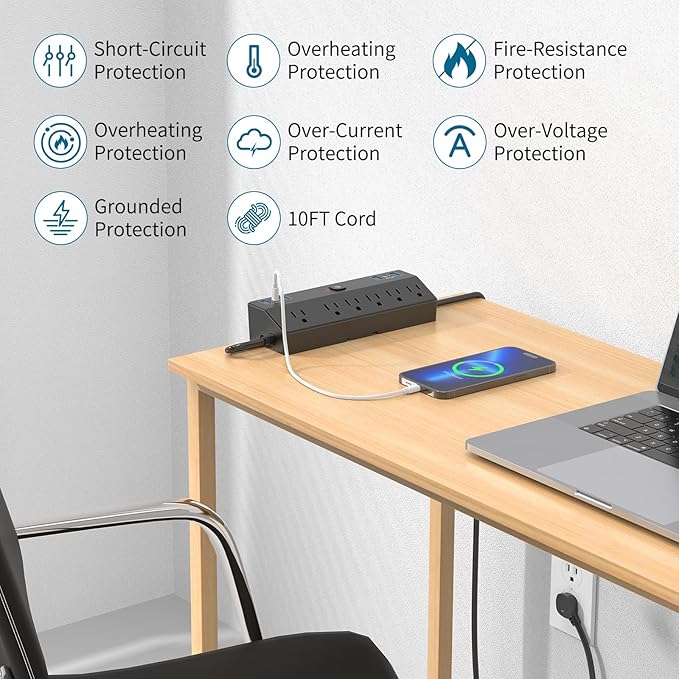 Desk Clamp Power Strip 2 USB C Desktop Mount Outlet Charging Station, 10FT - Image 9