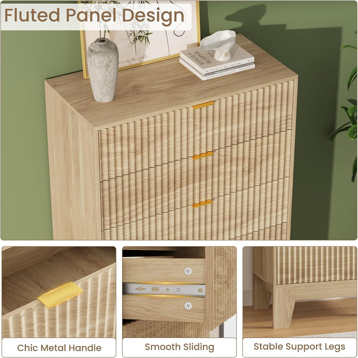 Garvee 5 Drawer Dresser for Bedroom, 47" Tall Fluted Chest of Drawers, Oak