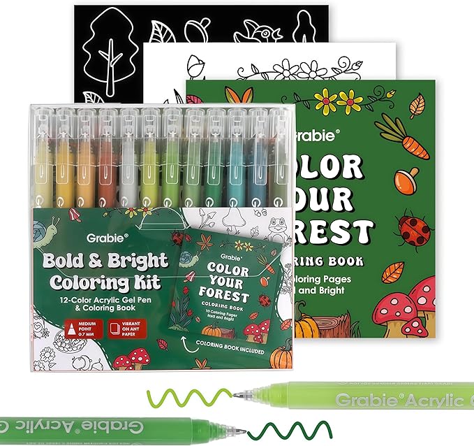 Grabie 12Colors Acrylic Gel Pens&Coloring Book, Medium Point Colored Gel Pens by Grabie