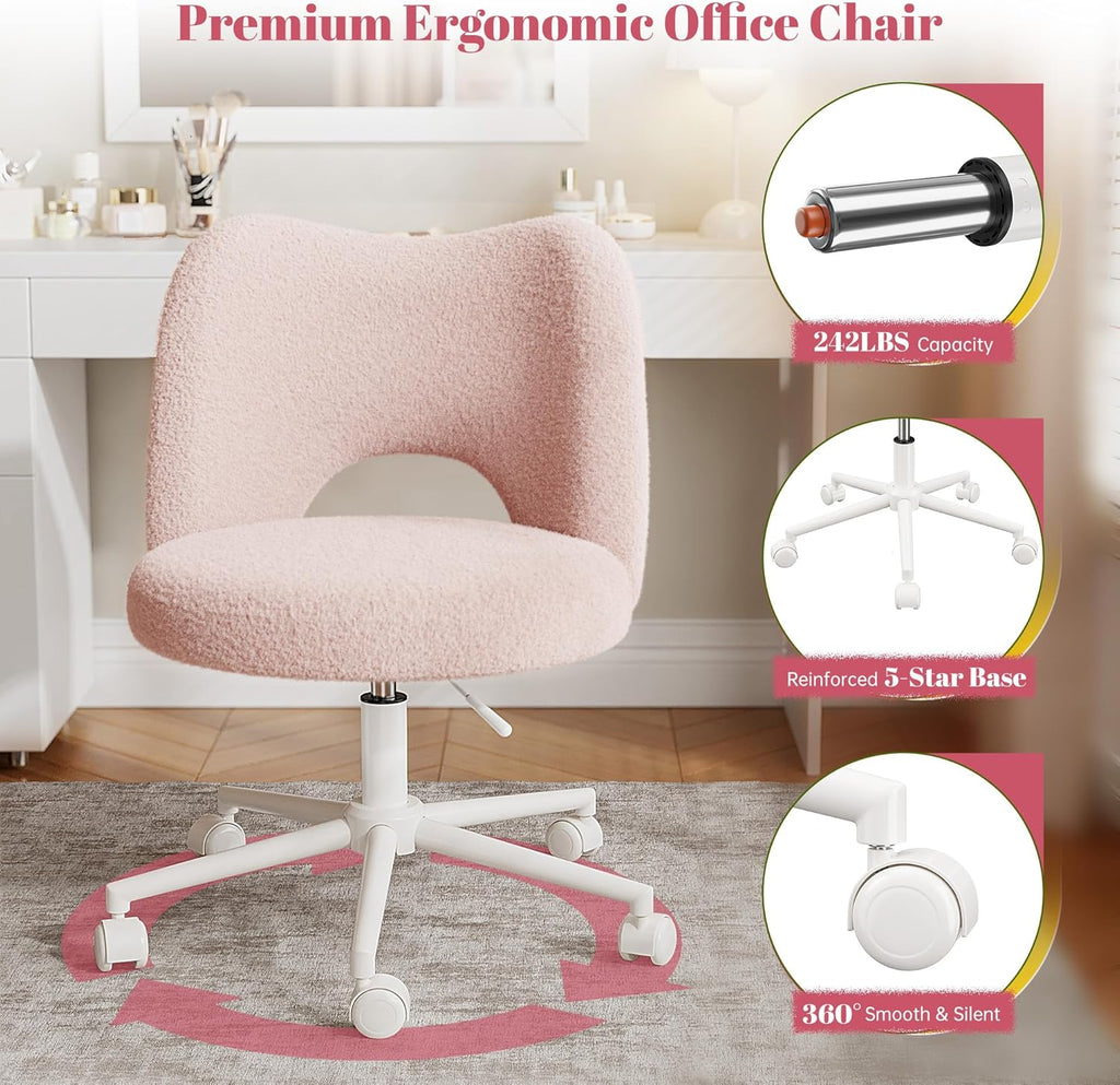 DurayLoly Vanity Chair with Open Back & Wheels,Armless,Pink | Armless,Silent Wheels, Height Adjustable, Soft Teddy Fabric, 360° Swivel for Bedroom Vanity & Home Office, Candy Pink