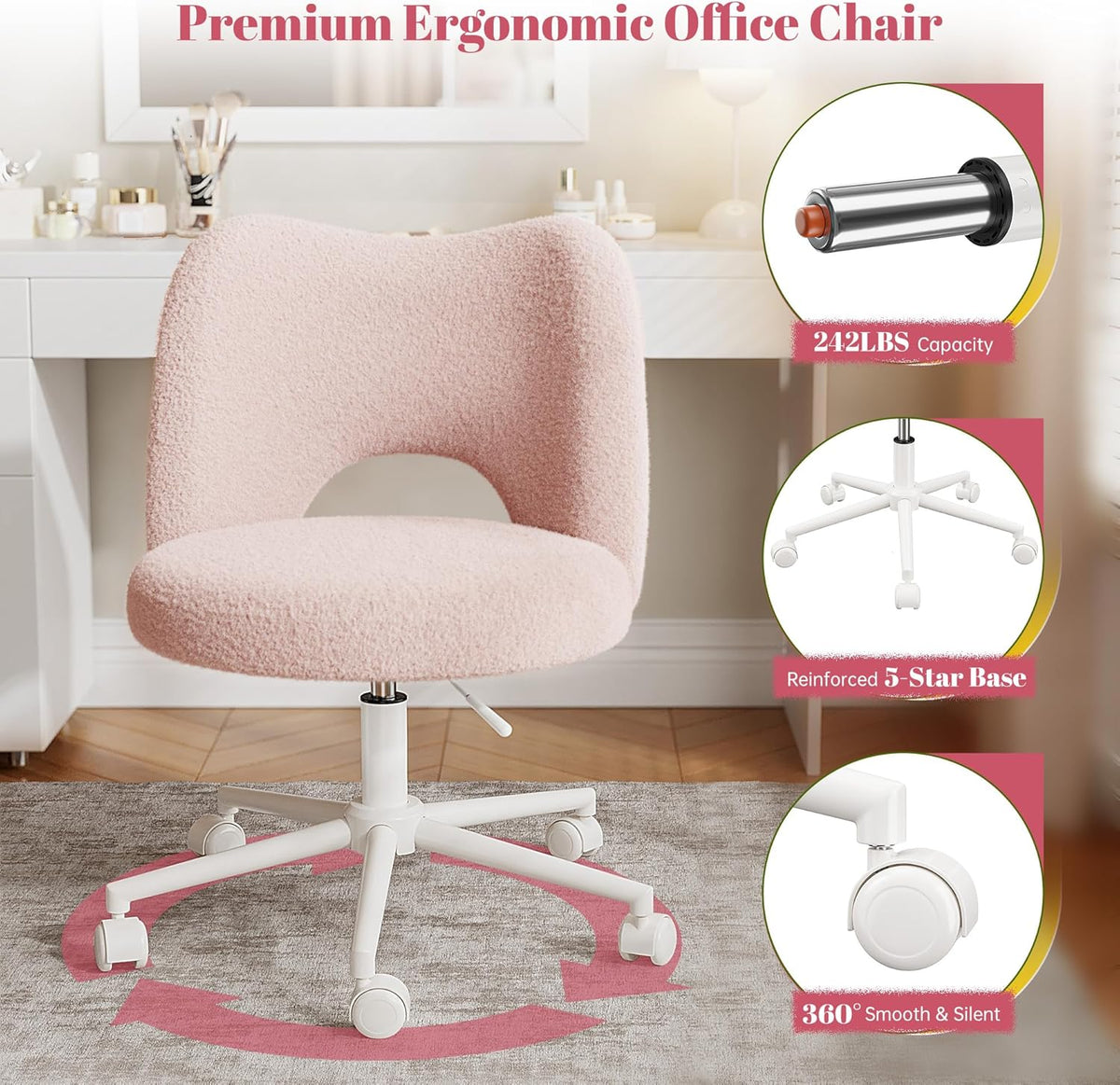 DurayLoly Vanity Chair with Open Back & Wheels,Armless,Pink | Armless,Silent Wheels, Height Adjustable, Soft Teddy Fabric, 360° Swivel for Bedroom Vanity & Home Office, Candy Pink