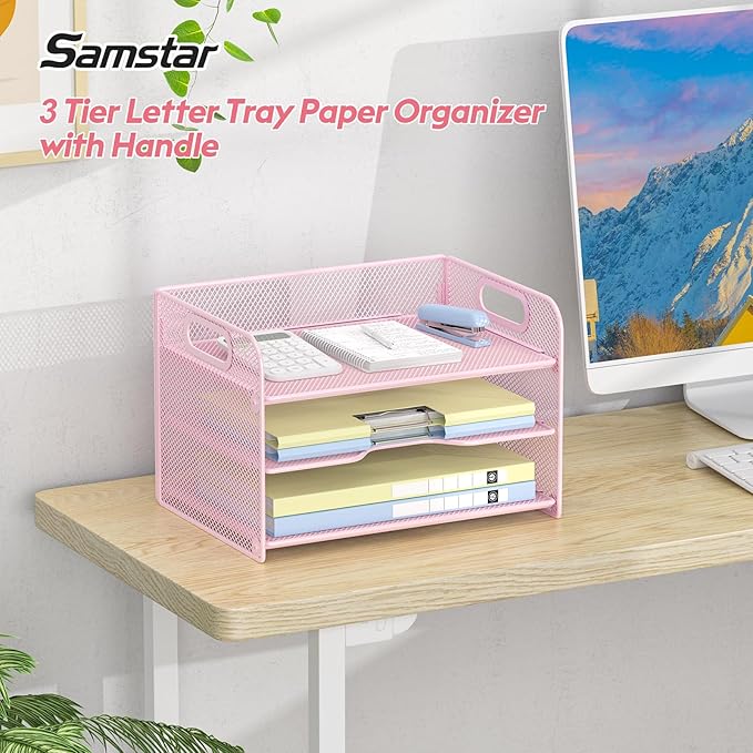 Samstar 3 Tier Pink Letter Tray Paper Organizer - Image 2
