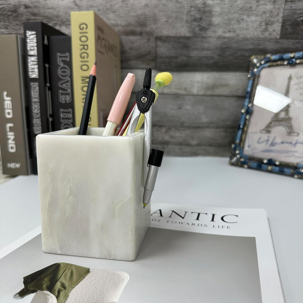 Natural Marble Pen Holder, 2.95" x 3.74" Square Hand-Polished Desk ...