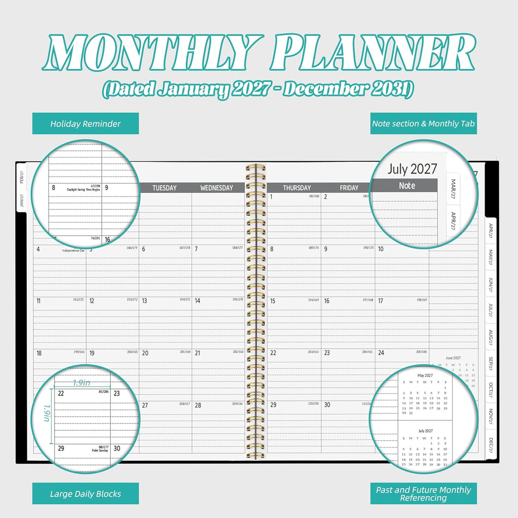 2027-2031 Monthly Planner, 5 Year Monthly Planner/Calendar 20276-2031, 60-Month Jan 2027 – Dec 2031, 9" x 11", Tabs, Double-Side Pocket, Holidays, Thick Paper, Polypropylene Cover - Black