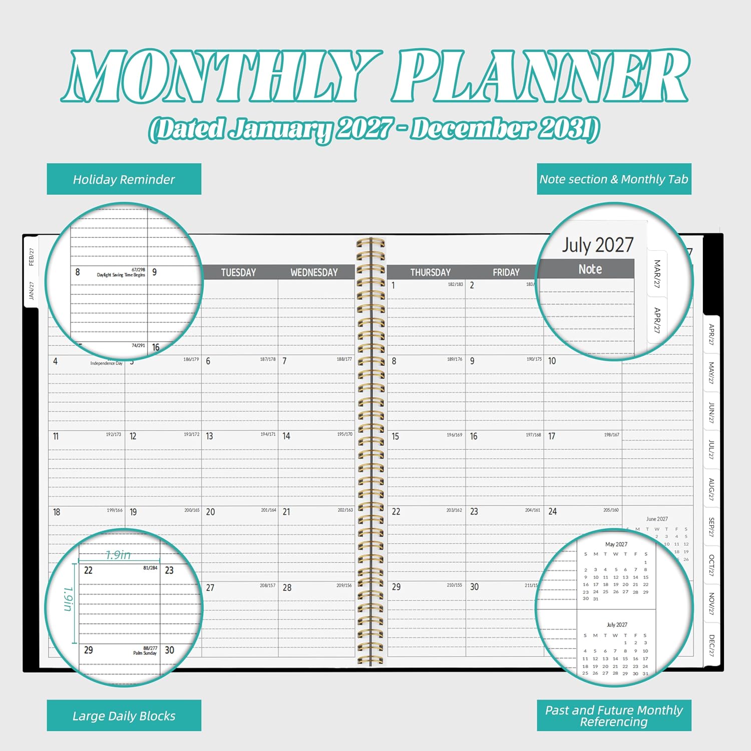 2027-2031 Monthly Planner, 5 Year Monthly Planner/Calendar 20276-2031, 60-Month Jan 2027 – Dec 2031, 9" x 11", Tabs, Double-Side Pocket, Holidays, Thick Paper, Polypropylene Cover - Black