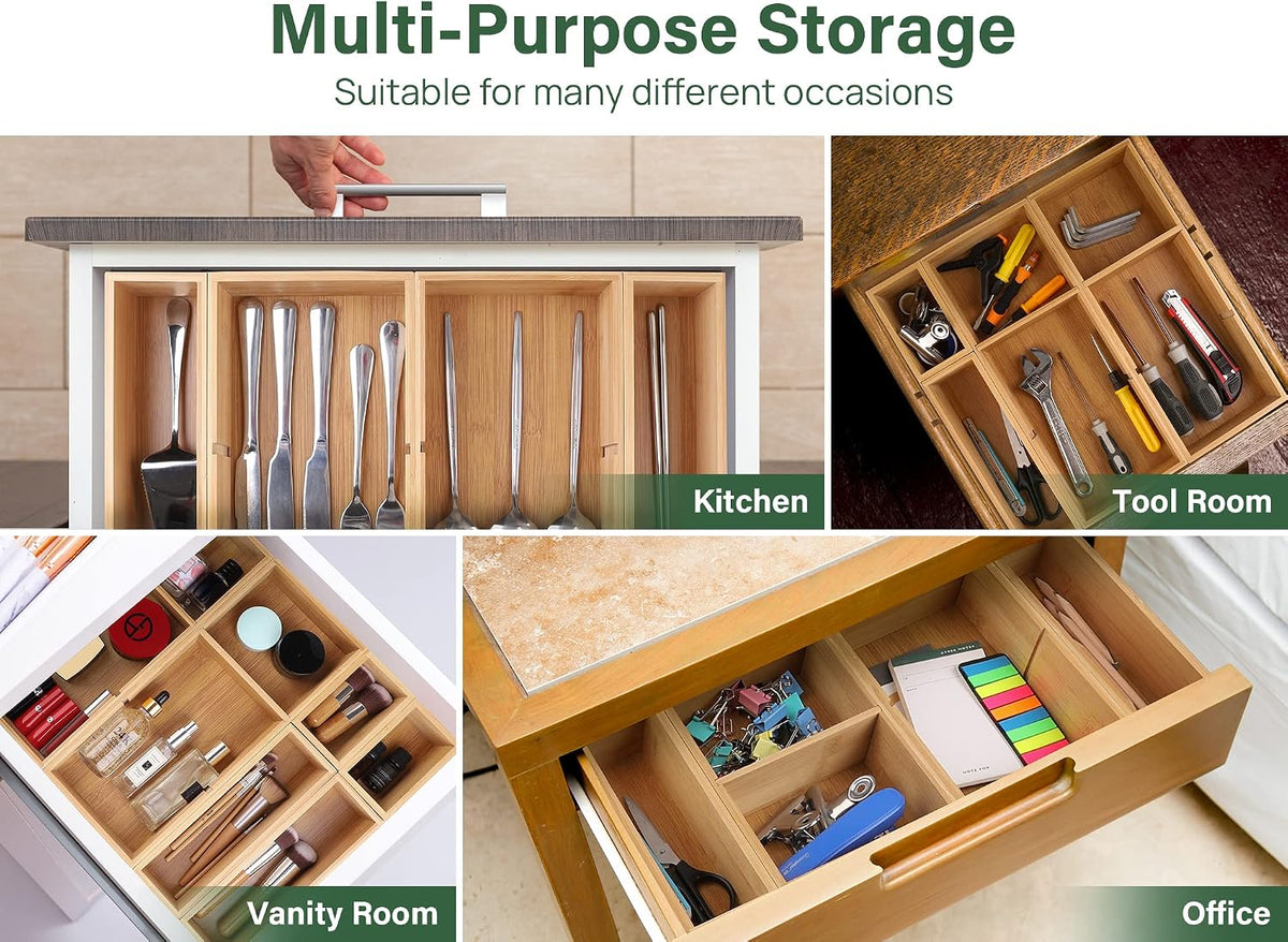Kootek 6Pcs Bamboo Drawer Organizer 3-Size Kitchen Storage Box for Flatware