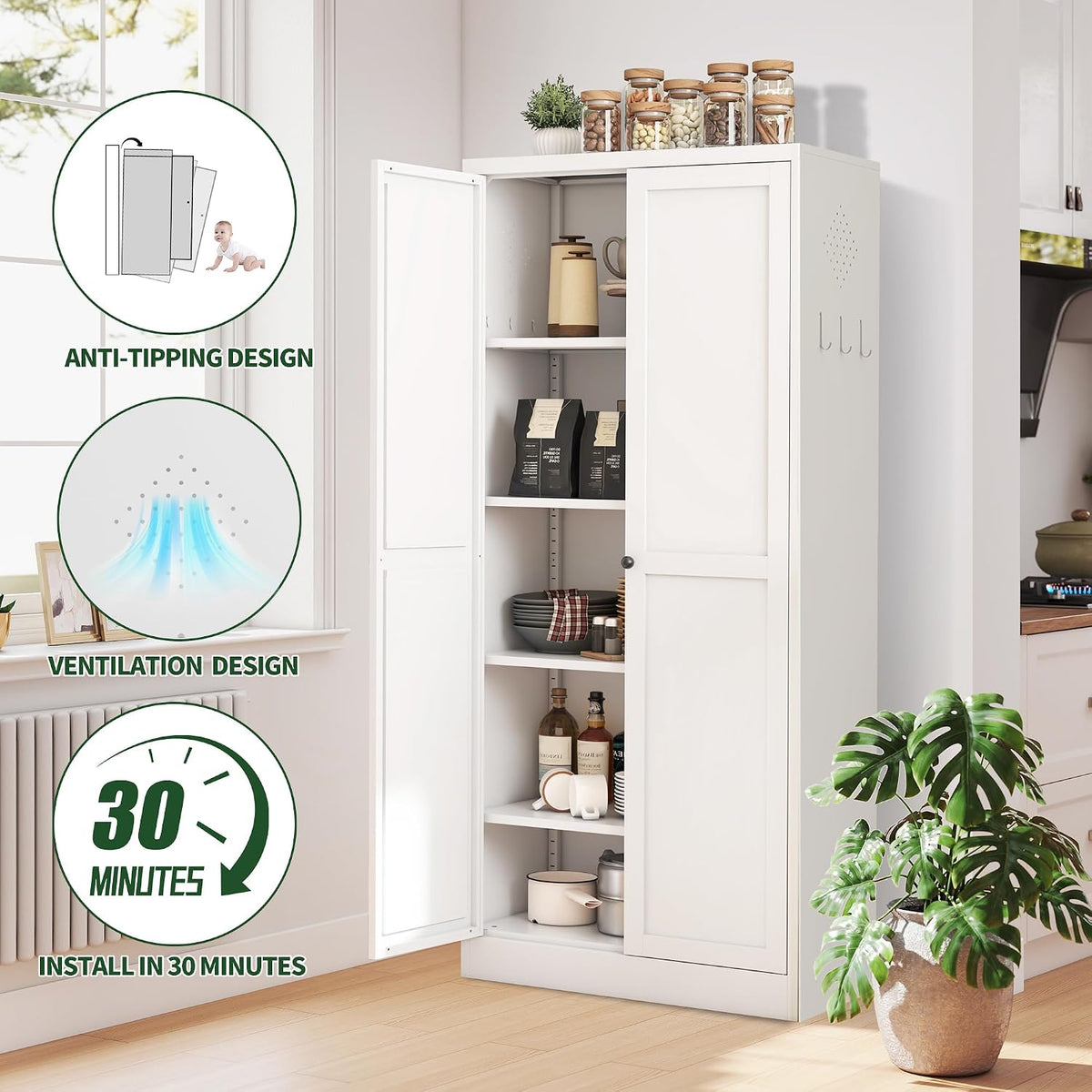 kitchen pantry cabinet,white metal pantry cabinet with 2 showing dimensions