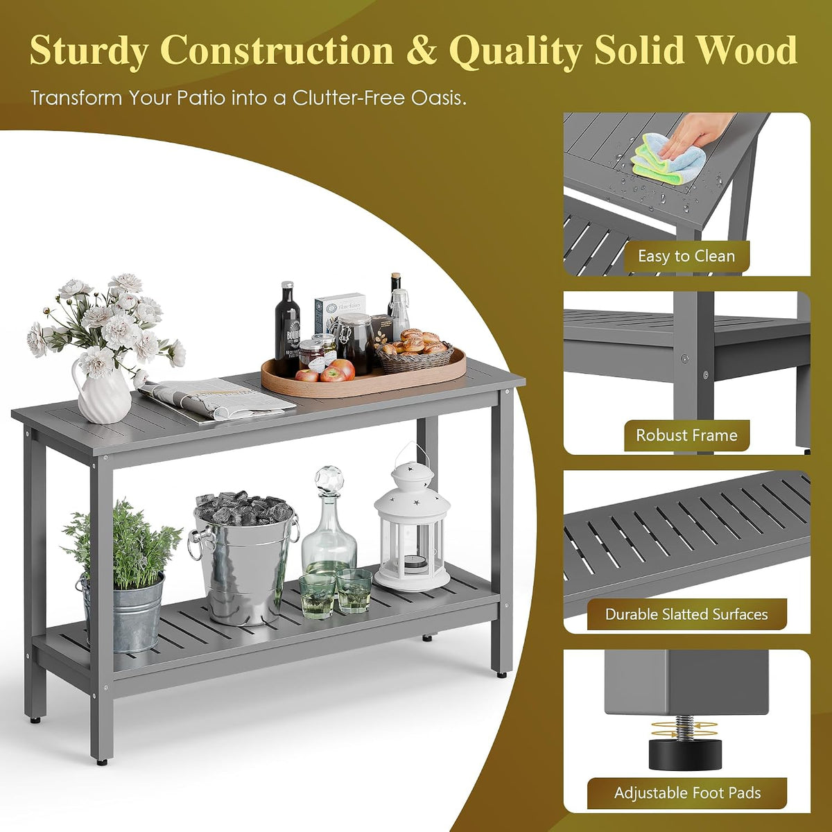 SUPER DEAL 48 inch Outdoor Console Table, 2-Tier Solid Wood Side Table Multif...