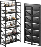 JSB No Assembly Folding Bookshelf, 6 Tier Industrial Metal Book Shelf