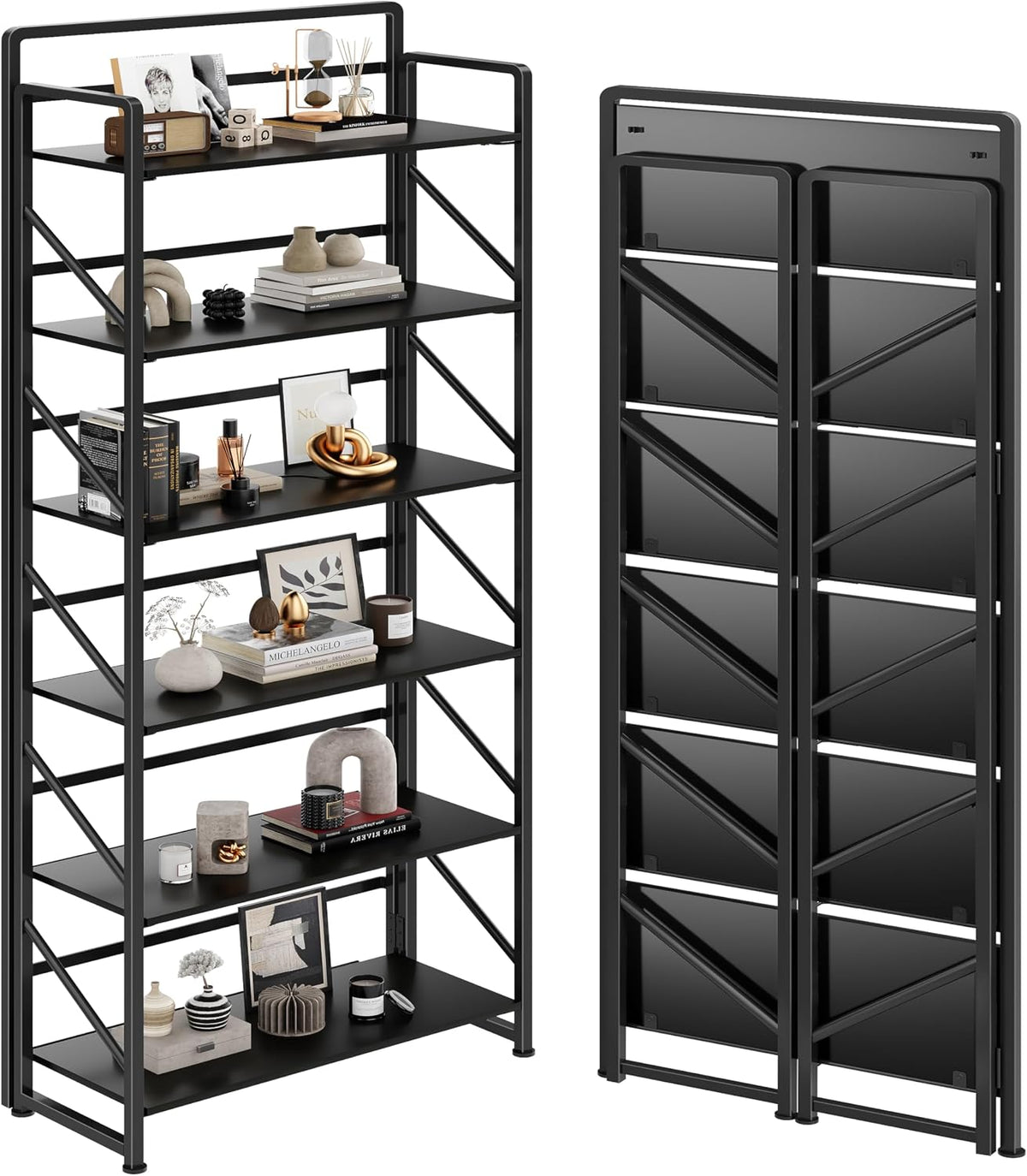 JSB No Assembly Folding Bookshelf, 6 Tier Industrial Metal Book Shelf
