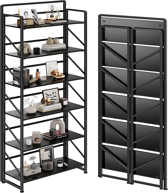 JSB No Assembly Folding Bookshelf, 6 Tier Industrial Metal Book Shelf by HomeFurniture