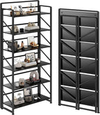 JSB No Assembly Folding Bookshelf, 6 Tier Industrial Metal Book Shelf by HomeFurniture