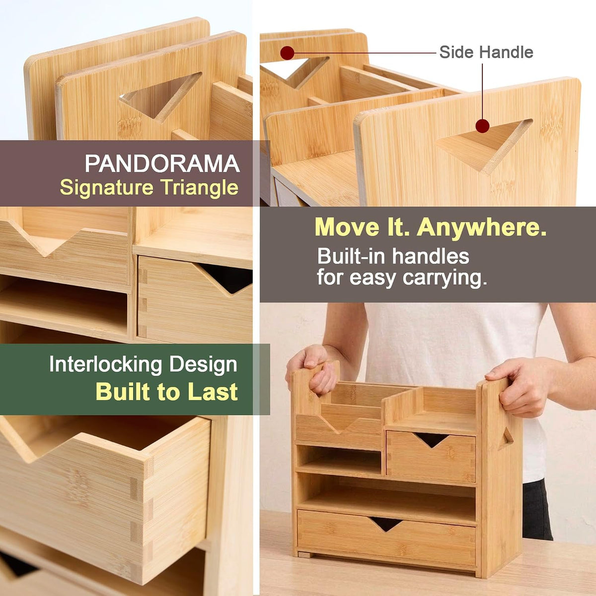 Pandorama Bamboo Desk Organizer Medium - Drawers & Adjustable File Holder...