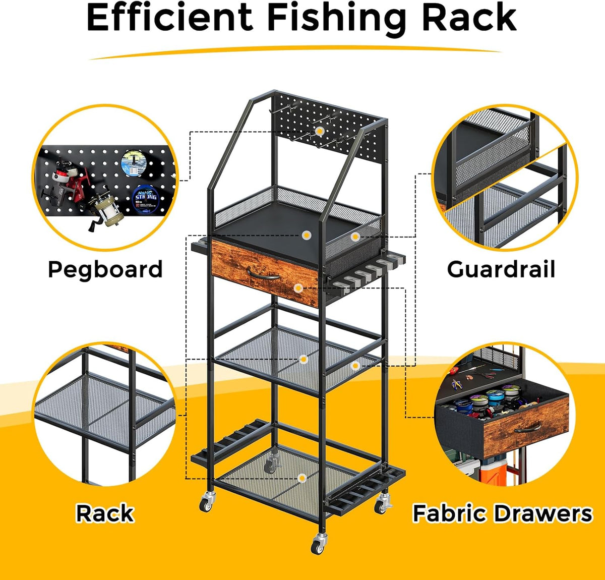 Fishing Rod Holder Organizer with Fabric Drawer & Pegboard