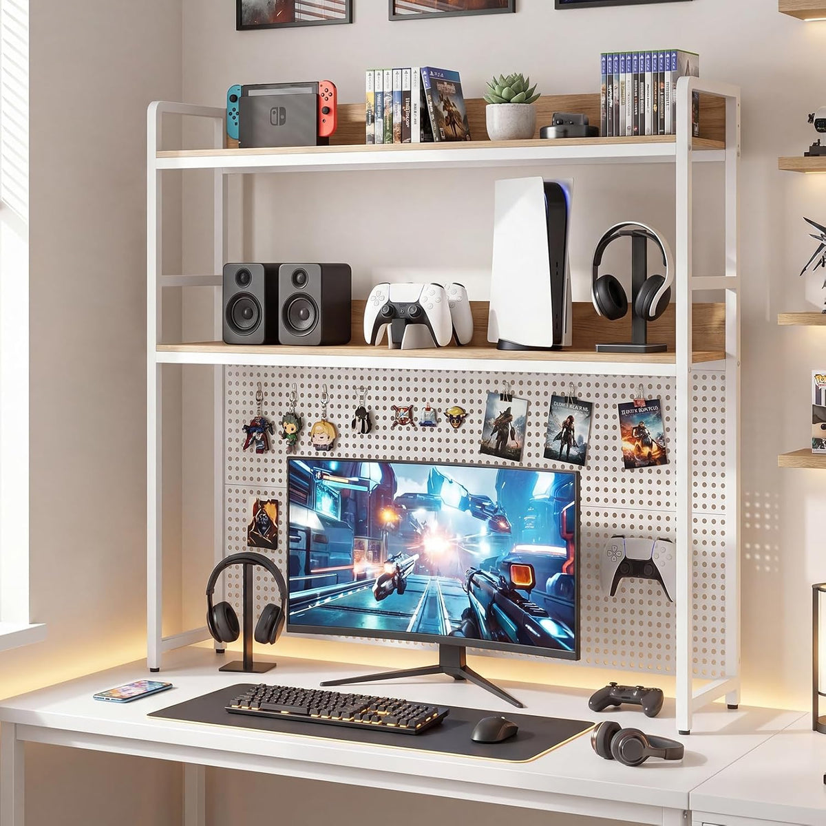 Tangkula Desktop Bookshelf, Multipurpose 2-Tier Desk Hutch with Pegboard, Ind...