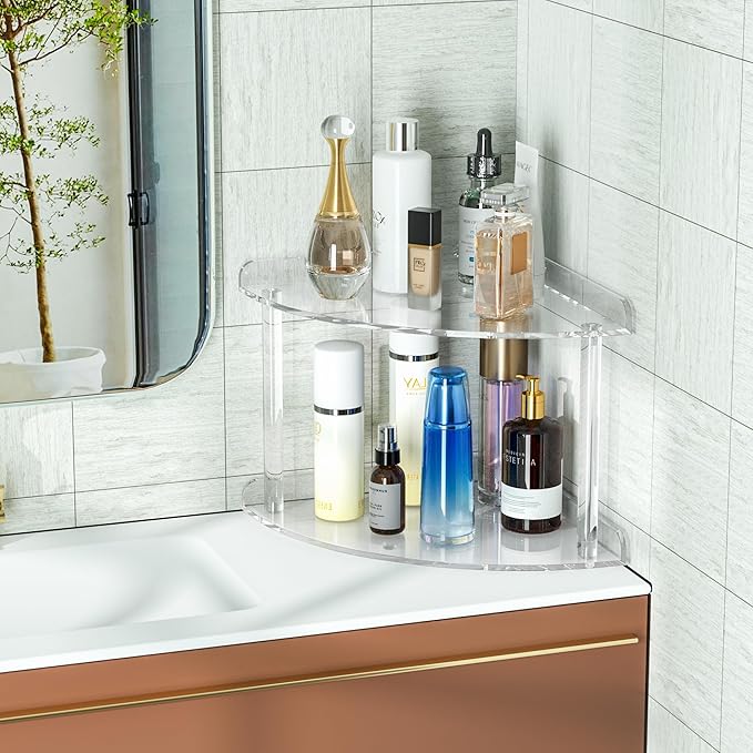 Sezanrpt 2 Tier Acrylic Corner Shelf Organizer Storage 9.5x9.5x8 Inch, - Image 2