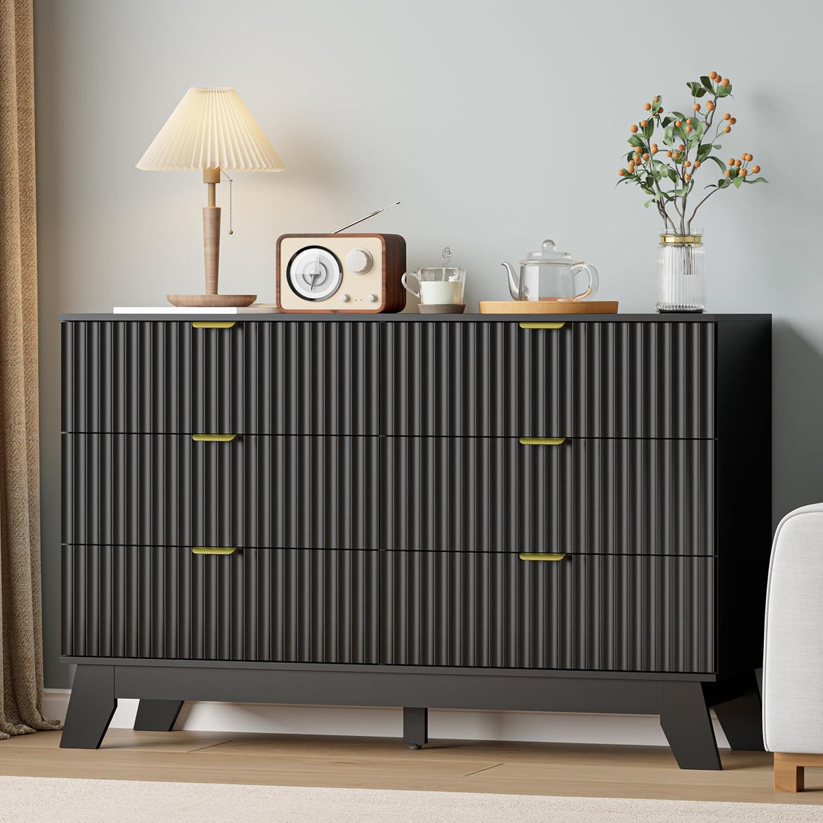Black Dresser 6 Drawer Dresser for Bedroom, 47''W Fluted Wooden Dress...