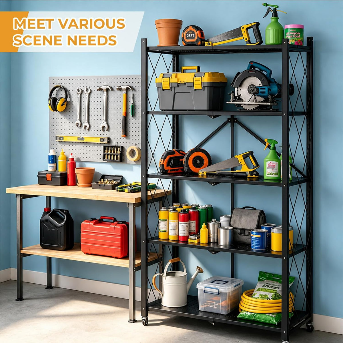 COKIHOM 5 Tier Foldable Storage Shelf with Wheels, Heavy Duty Metal Rolling S...