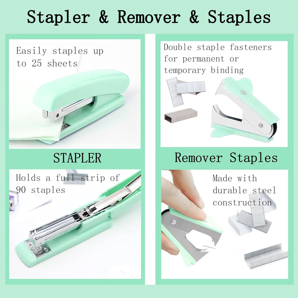 Green Office Desk Accessories Supplies, 12pcs Desk Organizers and Accessories with Tape dispenser and Stapler,Staples,Staple Remover,Pen Holder,Scissor,Ruler,Sticky Tabs,Tape,Ballpoint Pen,Clips Set