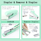 Green Office Desk Accessories Supplies, 12pcs Desk Organizers and Accessories with Tape dispenser and Stapler,Staples,Staple Remover,Pen Holder,Scissor,Ruler,Sticky Tabs,Tape,Ballpoint Pen,Clips Set