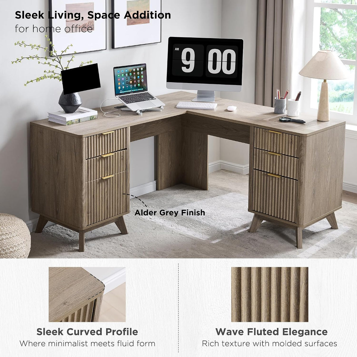 T4TREAM 60-Inch Modern Fluted L-Shaped Executive Desk, Alder Grey