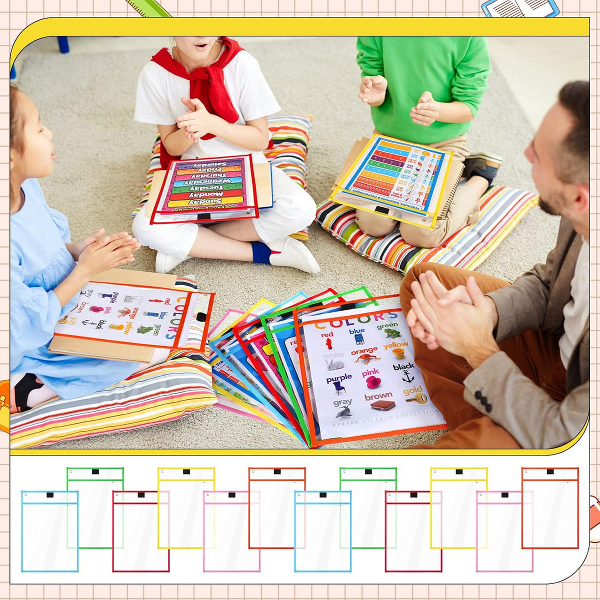 80 Packs Oversized Dry Erase Pockets Sleeves Reusable, 10x14 Inch | 5 Colors, Plastic Ticket Holders, Clear Pocket Sleeves for Back to School Classroom Office Home Student Teacher Supplies