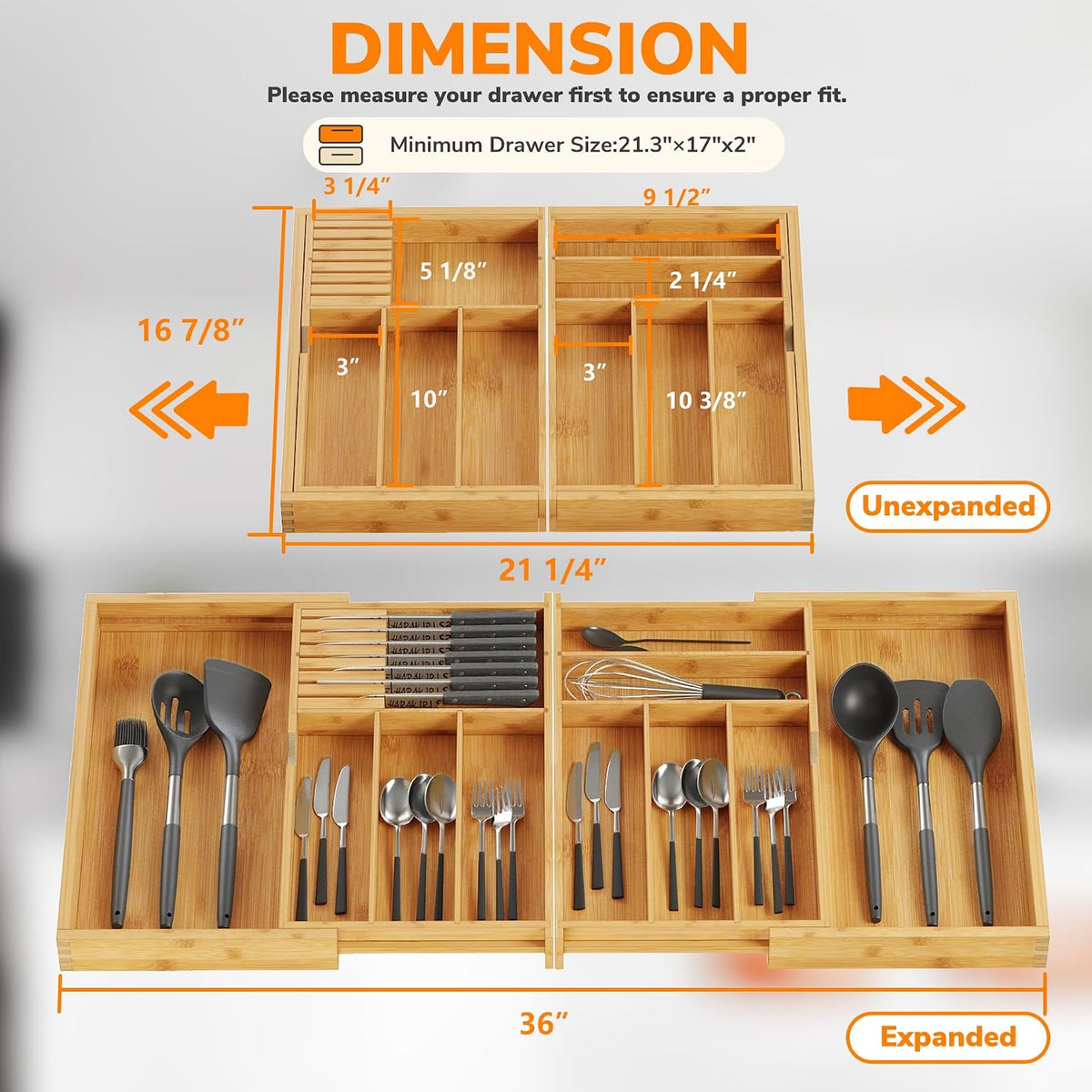 BAMEOS Expandable Silverware Drawer Organizer with Removable Knife Blocks, Ba...