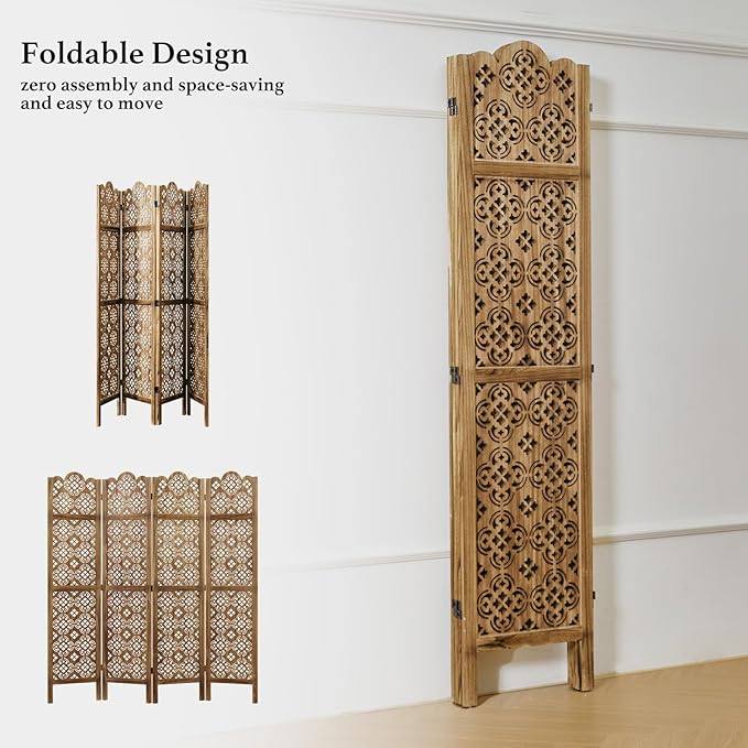 68.9Inch Folding Room Divider, 4 Panels Wood Carved Privacy Screens - Image 5
