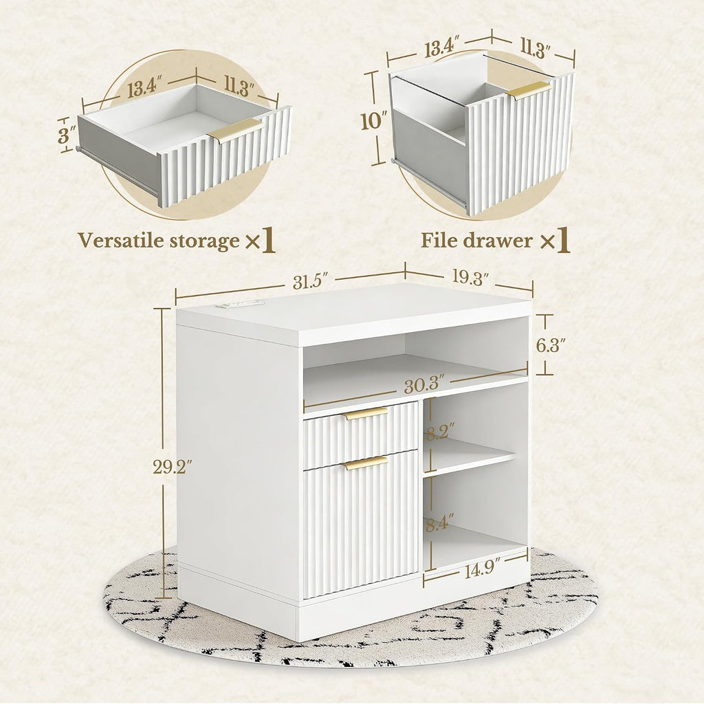 2 Drawer File Cabinet with Lock, Filing Cabinet for Home Office | Wood Fluted Lateral File Cabinet for Letter/A4 Size, Print Stand, AC/USB, Open Storage Shelves, 1.18'' Top, White