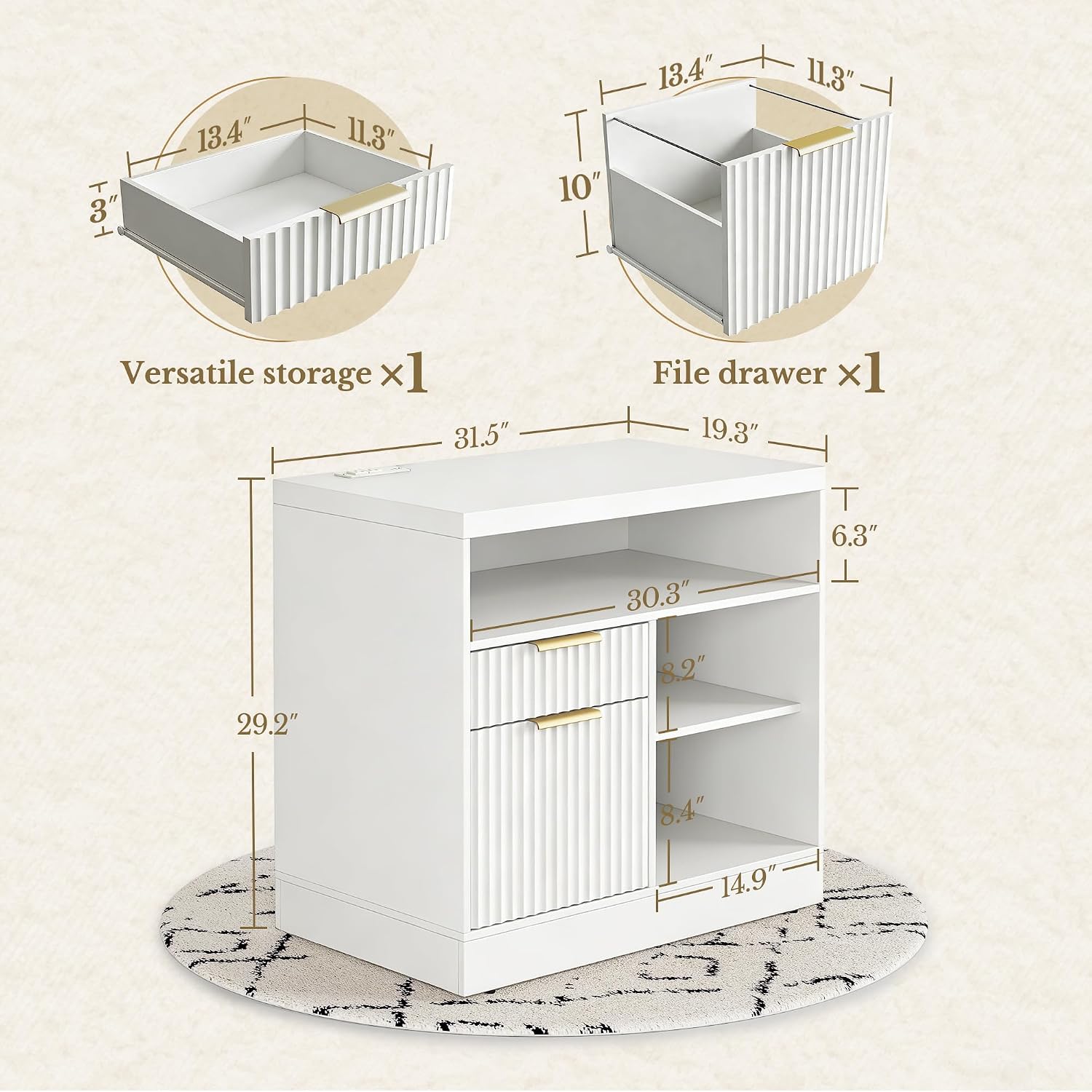 2 Drawer File Cabinet with Lock, Filing Cabinet for Home Office | Wood Fluted Lateral File Cabinet for Letter/A4 Size, Print Stand, AC/USB, Open Storage Shelves, 1.18'' Top, White