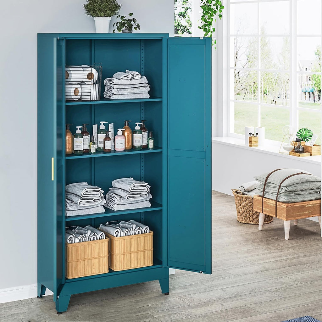 Washsemba 61" Tall Farmhouse Metal Pantry Cabinet, Kitchen Pantry Storage Cabinets with 2 Barn Door and Adjustable Shelves,for Kitchen,Laundry Room,Home Office,Kids Room （Peacock Blue