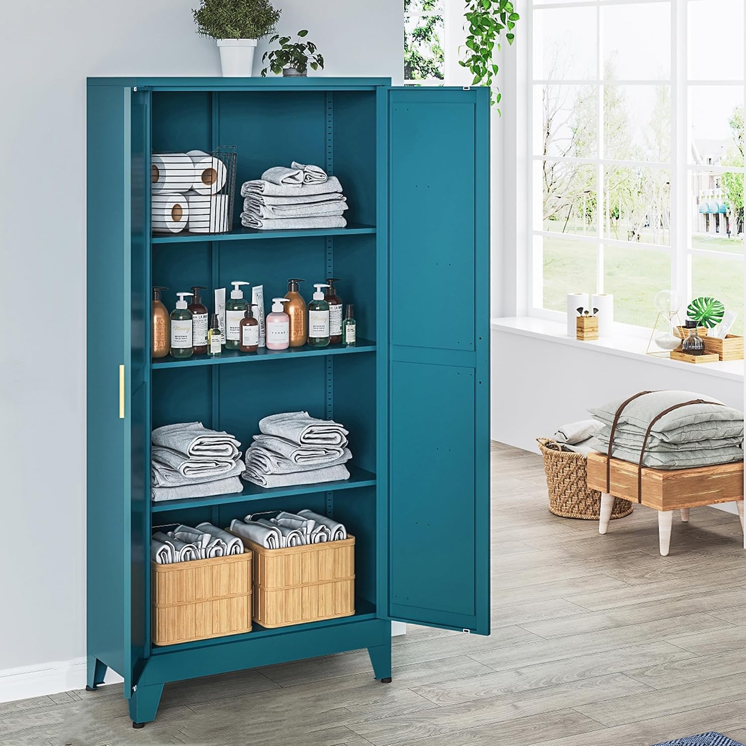 Washsemba 61" Tall Farmhouse Metal Pantry Cabinet, Kitchen Pantry Storage Cabinets with 2 Barn Door and Adjustable Shelves,for Kitchen,Laundry Room,Home Office,Kids Room （Peacock Blue