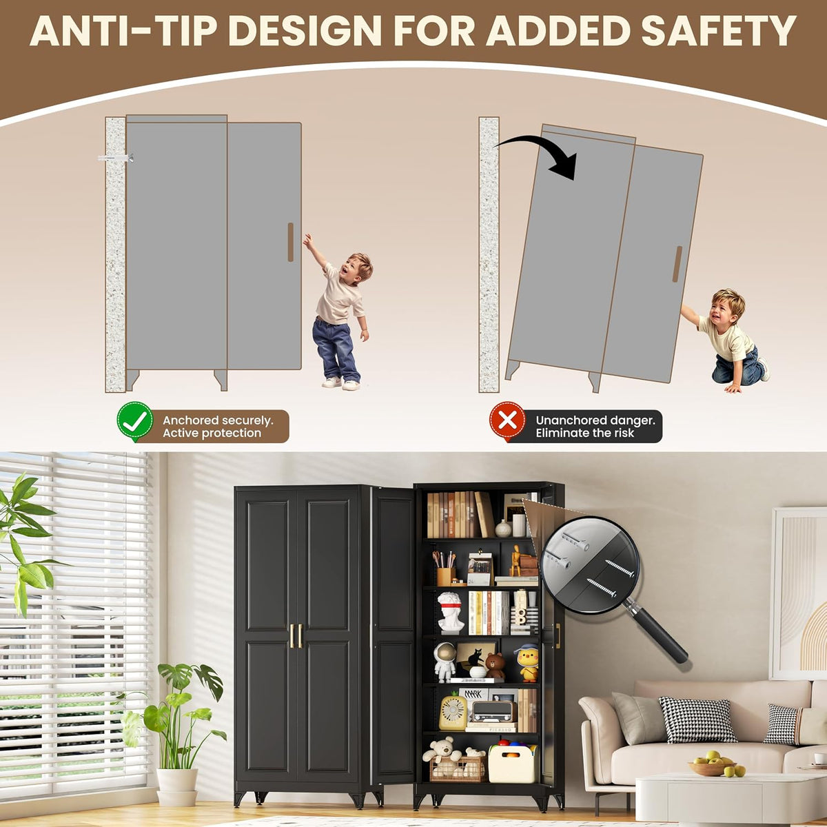 75" metal storage cabinet, garage cabinet with doors, front angle view