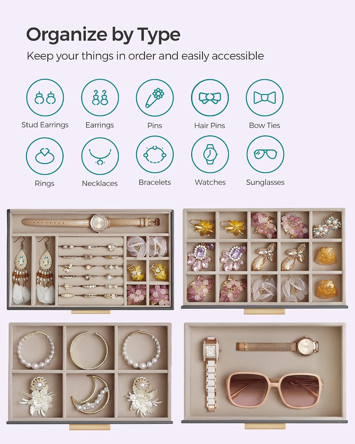 SONGMICS Jewelry Box Organizer, 4-Layer Storage with 3 Drawers, Glass Lid